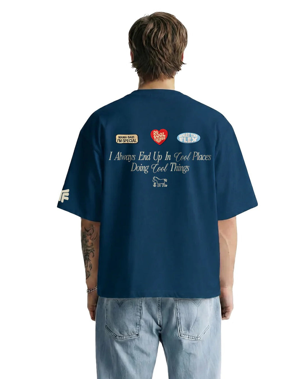Clostar Oversized Typography Print T-Shirt – Navy Blue Premium Cotton Relaxed Fit